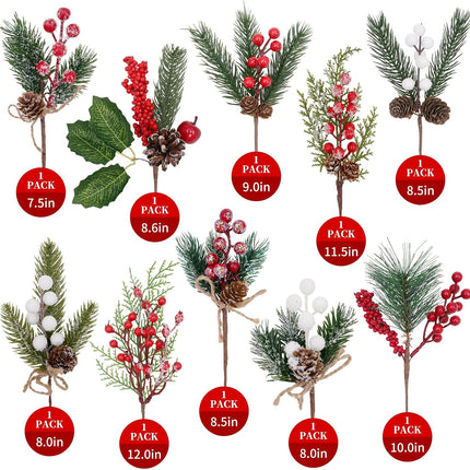 Artificial Christmas Picks for Floral Arrangement, 10 Pack Wreath & Holiday Decor - Red Berry, Pinecone, Frosted Cedar & Holly Leaves Winter Greenery