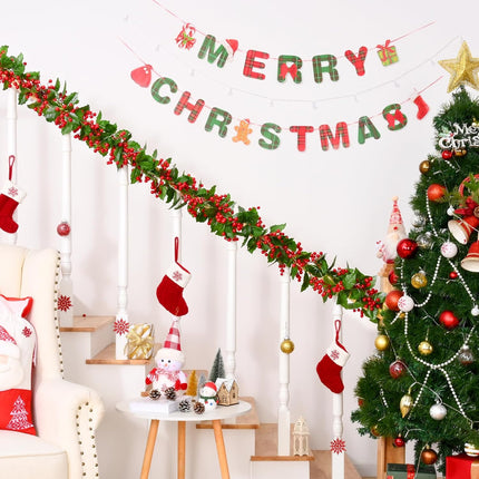 Christmas Garland, Red Berry Garland, Green Garland Christmas Decorations Indoor, Christmas Tree Garland for Mantle Holly Outdoor Home Table Year Decor