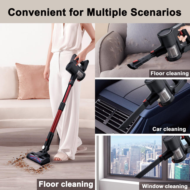 Cordless Stick Vacuum Cleaner, 6In1 Lightweight Stick Vacuum W250W Powerful Brushless Motor & Led Display, Portable Wireless Rechargable Vacuum For Home, Hard Floor Black & Burgundy
