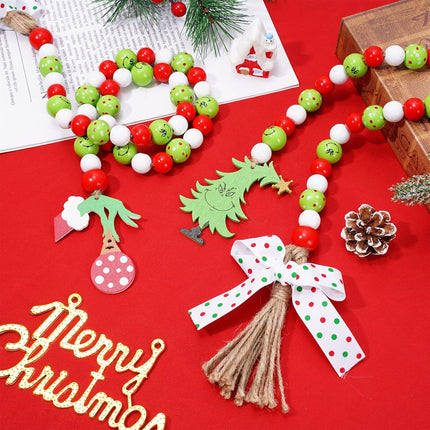 Whaline 2Pcs Christmas Wooden Bead Garlands Red Green Cartoon Character Rustic Wood Bead Garland with Rope Tassel Xmas Hanging Decor for Farmhouse Tiered Tray Home Decor Christmas Party Suppliers