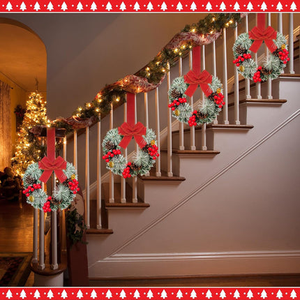 12 Pcs Cabinet Wreaths for Kitchen Mini Christmas Wreaths with Ribbon Small Christmas Farmhouse Wreaths Artificial Pine Cone Hanging Wreath for Front Door Window (Red)