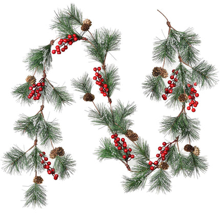 Artiflr 6 feet Christmas Pine Garland with Needles Berries Frosted Pinecones Winter Artificial Greenery Garland for Holiday Season Mantel Fireplace Table Runner Centerpiece Decoration