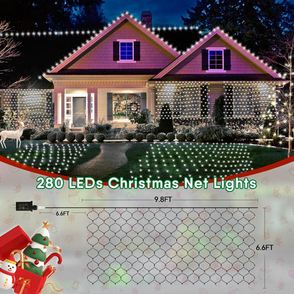 Hezbjiti Christmas Net Lights, 280 LED Mesh Lights 9.8FT x 6.6FT 8 Modes Waterproof Outdoor Christmas Decoration Lights Green Wire for Bushes, Trees, Lawn, Yard, Garden Party (Cool White)