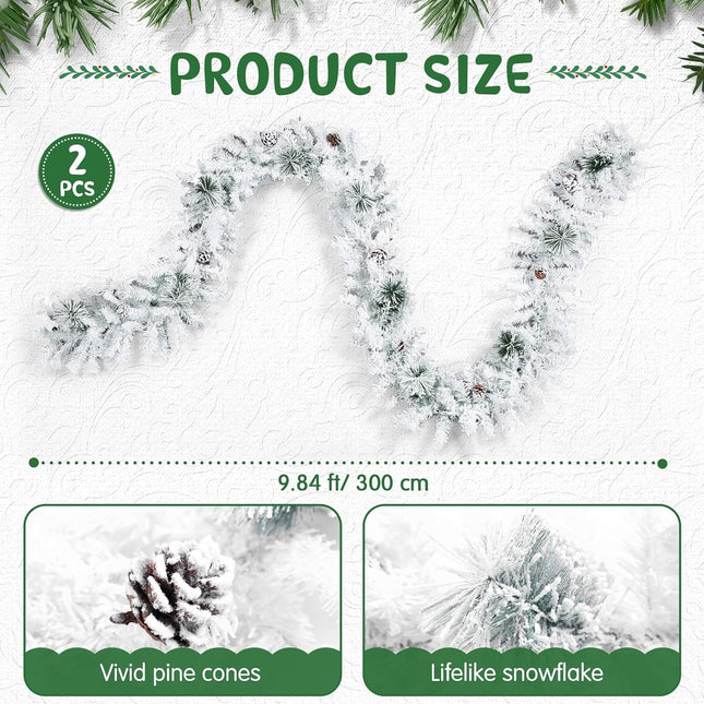Riceshoot 9.84 Ft Flocked Christmas Garland Artificial Christmas Frosted Pine Garland Snow Cedar Garland for Xmas Winter Mantel Fireplace Table Centerpiece Background Hanging Decor(2 Pieces)