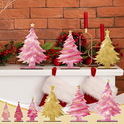 6 Pcs Pink Gold Wooden Christmas Trees Tabletop Decor Rustic Wood Christmas Trees Xmas Centerpieces Table Wooden Signs Farmhouse Table Home Decor for Home Office Farmhouse