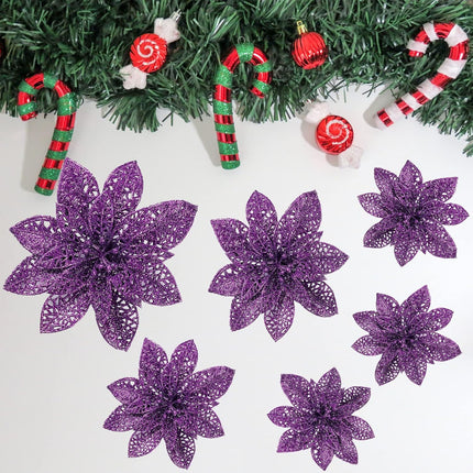 Wironlst 24 Pieces Glitter Poinsettia Flowers Christmas Tree Ornaments, Glitzy Poinsettia Bushes Christmas Decorations for Xmas/Holiday/Seasonal/Wedding (Purple)