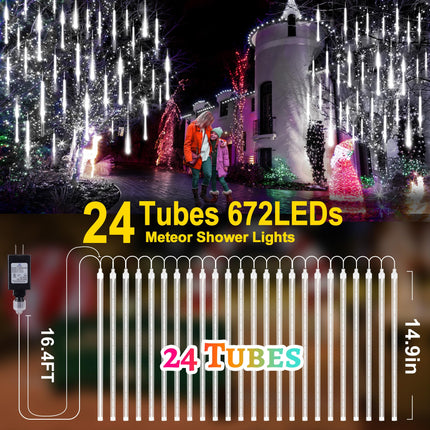 KNO Meteor Shower Lights 15 inch 24 Tubes 672 LED Christmas String Lights Plug in Outdoor Waterproof Falling Rain Lights for Wedding Party Garden Holiday Tree Decorations (Cool White)