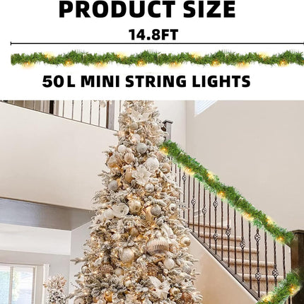 Nerosun 14.8 FT Artificial Christmas Garland, 50 Pre-Lit LED Mini String Lights Battery Operated Xmas Garland for Home Stair Railing Indoor Wedding Party Christmas Ornament Decorations (Warm White)