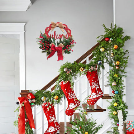 Tempus 16 Inch Wooden Board Circle Wreath Artificial Christmas Wreath Christmas Ribbon Wreath with Welcome Sign for Front Doors, Walls, farmhouses, Holiday Parties, Interior Decorations