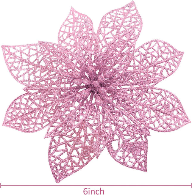 TURNMEON 24 Pack 6 Inch Pink Christmas Glitter Poinsettia Artificial Silk Flowers Picks Christmas Tree Ornaments for Pink Christmas Tree Wreaths Garland Holiday Decoration (Pink)