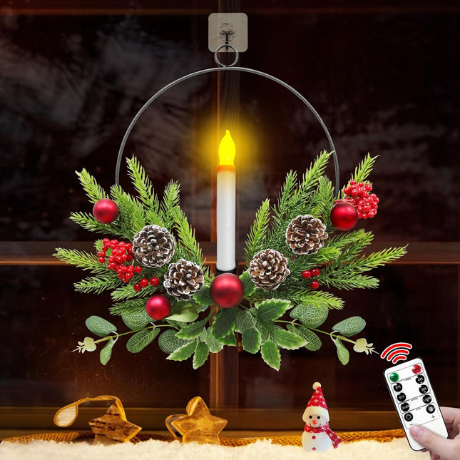 TURNMEON 15 Inch Christmas Front Door Wreaths with LED Candles & Timer Remote, Xmas Wreath with Xmas Ball Pinecone Red Berry Battery Operated Light up Christmas Window Mantel Holiday Home Decorations