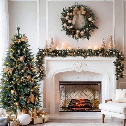 9ft Pre Lit Garland Christmas with Ornaments and 50 Led Lights, Lighted Gold Christmas Garlands for Table Fireplace Stairs Railing Indoor Outdoor Xmas Holiday Garland Battery Operated