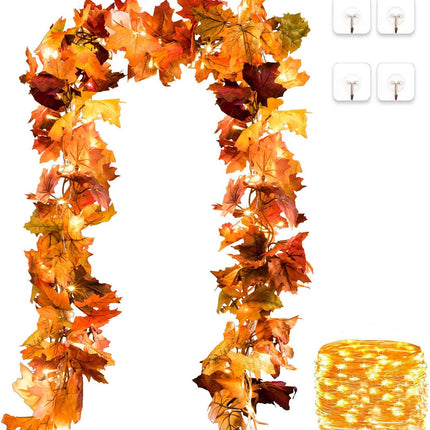 Artiflr 2 Pack Fall Garland Maple Leaf with 16.4Ft 40 LED String Light, 5.9Ft/Piece Hanging Vine Garland Artificial Autumn Foliage Garland Thanksgiving Decor for Home Wedding Fireplace Party Christmas