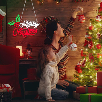 Merry Christmas Neon Signs，Dimmable Christmas LED Light Sign XMAS Holly Berries Neon Light For Holiday Party Home Bar Festival Wall Decor USB Powered