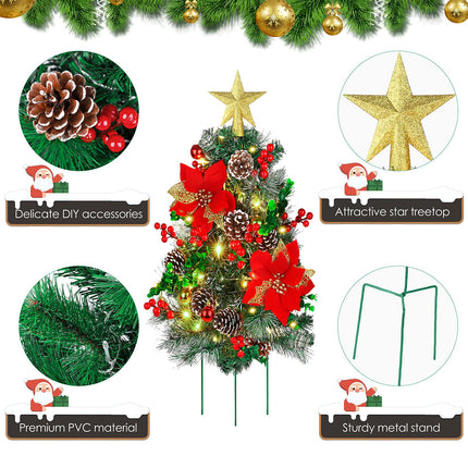 2 Pack 24.5 Inches Christmas Pathway Trees Outdoor Artificial Christmas Tree Urn Filler with 66 LED Lights Tree Topper Pine Cones Red Berries for Home Holiday Christmas Decor (White)