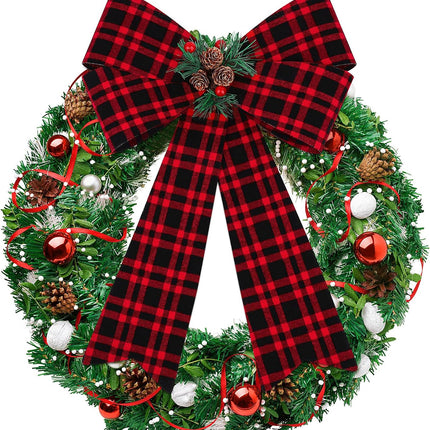 MCEAST 2 Pieces Christmas Red Bows Christmas Wreath Bows Xmas Buffalo Plaid Bows with Pine Cones Ornaments for Christmas Tree Indoor Outdoor Decorations (Black, Red, Green)