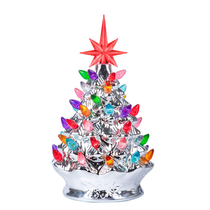 RJ Legend Christmas Tree – Festive Lighted with 50+ Multicolor Bulbs, Operated by LED, Ceramic – Retro Winter Tree - Silver, 9.6-Inch