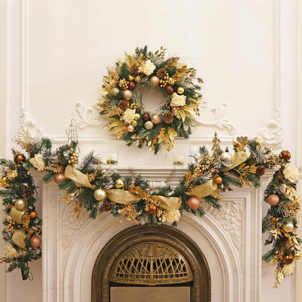 Christmas Wreaths for Front Door with Lights Pre-Lit, Soomeir 24“ Champagne Gold Door Wreath with Ball Ornaments, Battery Operated Holiday Thanksgiving Fall Winter Decor (Gold)
