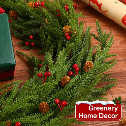 12PCS 17" Artificial Norfolk Pine Branches Christmas Decorations, Fake Cedar Stems with Pine Needle&Cone&Berry for Xmas Decor, Faux Pine Pick Green Plants Ornaments for Home/Holiday/Party