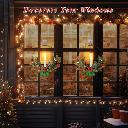Christmas Wreaths for Front Door Windows: 2Pcs 15 Inch Small Prelit Lighted Xmas Wreaths Battery Operated with Timer LED Taper Candles Lights Decorations for Indoor Outdoor Light Up Winter Holiday