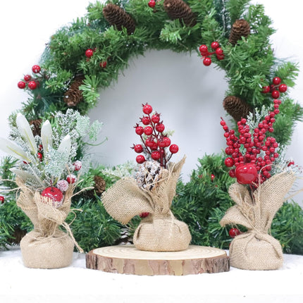 Fangoo 6pcs Mini Artificial Christmas Tree with Pine Cone Red Berry Desktop Tree with Linen Base Artificial Frost Trees Xmas Tree for Office Desks and Christmas Party Decorations