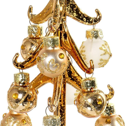 Red Co. 6.25" Mini Gold Metallic Glass Christmas Tree Tabletop Decoration with Glittered Removable Ornaments