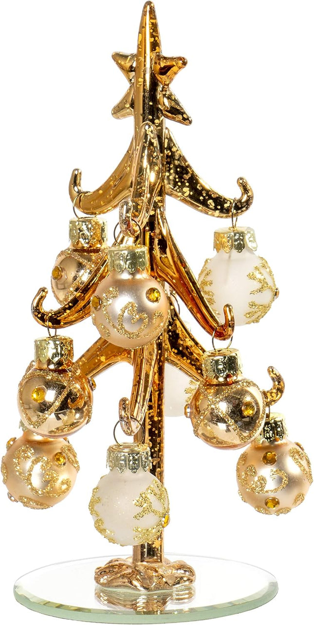 Red Co. 6.25" Mini Gold Metallic Glass Christmas Tree Tabletop Decoration with Glittered Removable Ornaments