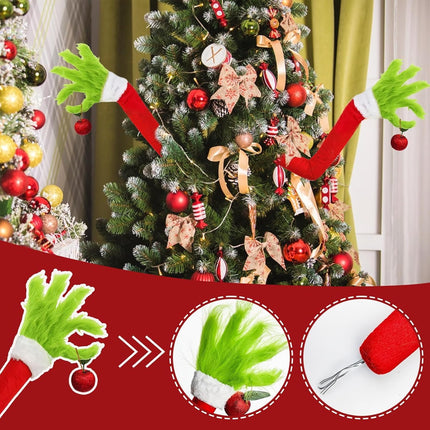 Christmas Elf Body Tree Decorations, Christmas Tree Arm, Christmas Green Monster Stole Xmas Tree Toppe, Pose-able Christmas Elf Stuffed Leg Arm and Head for Christmas Tree Hanging Ornament (2PCS)