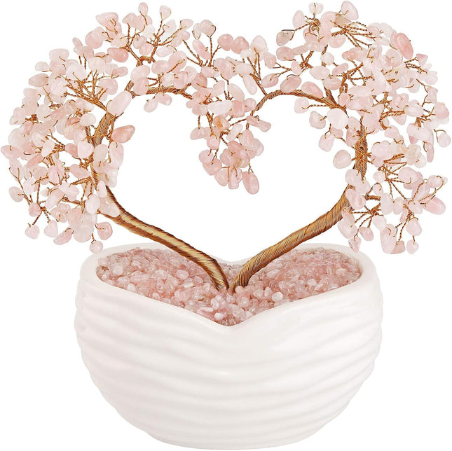 Jovivi Rose Quartz Crystal Heart Money Tree Healing Gemstone Bonsai Tree for Wedding Ceremony Reiki Balancing Energy Meditation Feng Shui Wealth & Good Luck Home Indoor Office Decor 7.87"-8.26"