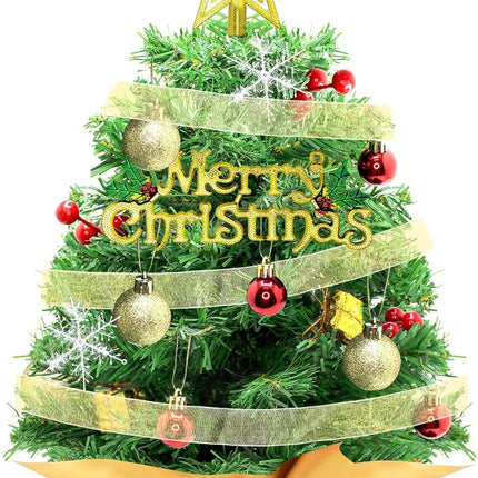 24 Inch Small Christmas Tree, Tabletop Christmas Tree with Star Treetop, Ornaments Balls, Merry Christmas Placard, Snowflakes, Golden Ribbon, Ornaments and Red Berries, Christmas Table Decorations