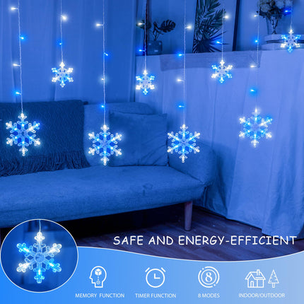 Christmas Snowflake Icicle Lights,6.5ft 144LED Curtain Lights with 12 Drops,Timer 8 Modes Connectable,Waterproof Fairy Light for Eaves, Garden, Indoor Outdoor Xmas Decoration (Blue White)
