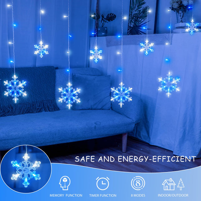 Christmas Snowflake Icicle Lights,6.5ft 144LED Curtain Lights with 12 Drops,Timer 8 Modes Connectable,Waterproof Fairy Light for Eaves, Garden, Indoor Outdoor Xmas Decoration (Blue White)