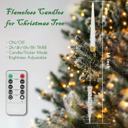 Christmas Tree Candles with Hooks & Remote - 12 Pack LED Flickering Flameless Candles with Timer for Christmas Tree Decor - Acrylic Icicles Hook