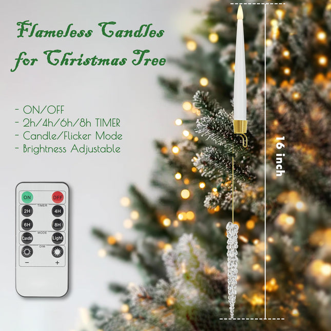 Christmas Tree Candles with Hooks & Remote - 12 Pack LED Flickering Flameless Candles with Timer for Christmas Tree Decor - Acrylic Icicles Hook