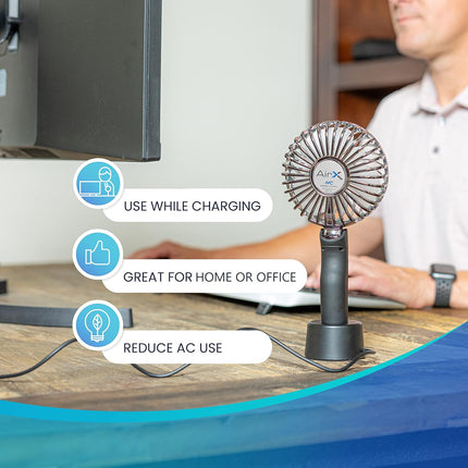 Modern Comfort Airx Portable Personal Fan MultiUse Clip Stand For Home, Gym, Outdoors, Office, Desk, Peloton... 5Speeds Vs 3 Long