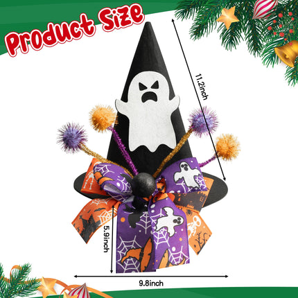 Zainpe Christmas Tree Topper Hat Ghost Pattern Black Felt Wizard Hat with Purple Orange Bow Adjustable Glitter Pom-poms Xmas Holiday Decoration Party Supplies for Indoor Outdoor Home