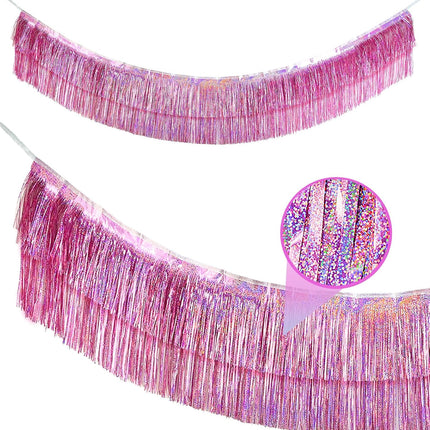 2 Pack Glitter Pink Foil Fringe Garland-4 Layers Thick Shiny Metallic Tinsel Streamers, Hanging Fringe Banner for Wedding Christmas Decoration Home Hanging Parade Floats