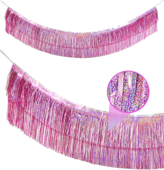 2 Pack Glitter Pink Foil Fringe Garland-4 Layers Thick Shiny Metallic Tinsel Streamers, Hanging Fringe Banner for Wedding Christmas Decoration Home Hanging Parade Floats