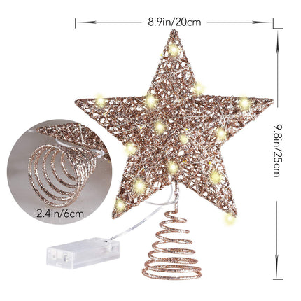 MAIAGO 10 Inches Christmas Tree Topper with 20 LED Lights, Rose Gold Glittered Metal Christmas Tree Decorations for Home Party Holiday Winter Xmas Decorations, Warm White