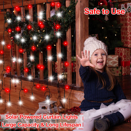 DBFAIRY Red White Christmas Curtain Lights Solar Powered, 19.6Ft x 3.2Ft 300 LED Outdoor Curtain Lights Christmas Candy Cane Fairy Lights 8 Modes Auto On/Off Holiday Decor for Backyard Fence Roof