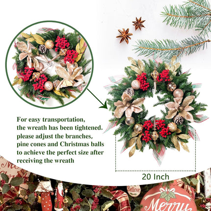 Christmas Wreaths for Front Door Outside, 20" Artificial Winters Wreath with Christmas Ball, Xmas for Wreath for Home Decor Holiday Party