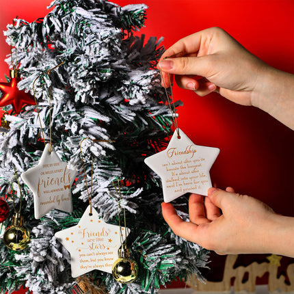 12 Pcs Friend s Ceramic Star Ornament, Christmas Tree Ornaments Star Shaped Keepsake Hanging Sign with Golden Strings and Black Velvet Bags for Friend Woman