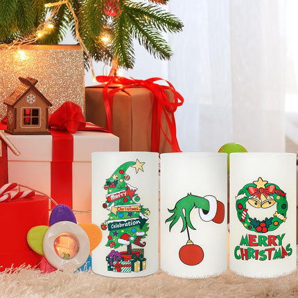 Whaline 3Pcs Merry Christmas LED Flameless Candles Funny Cartoon Characters Flickering Candles Warm Light Battery Operated Pillar Candles Xmas Tree Garland Electric Candles for Holiday Home Decor