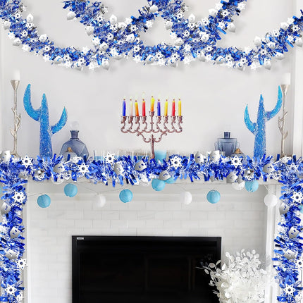 2 Pack Hanukkah Decorations, 36 Ft by 6 Inch Hanukkah Tinsel Garland with Dreidel Star of David Silver Ornaments Blue Metallic Streamers, Indoor Outdoor Chanukah Decorations Home Party Supplies