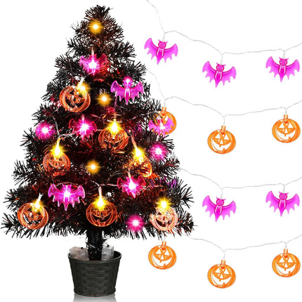 20 Inch Small Halloween Tree Mini Artificial Spooky Black Tree Glittered with LED Orange Pumpkin Purple Bat Lights, Battery Powered Tree for Halloween Indoor Room Tabletop Decoration