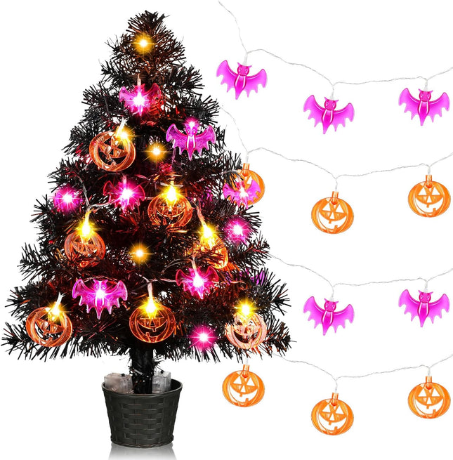 20 Inch Small Halloween Tree Mini Artificial Spooky Black Tree Glittered with LED Orange Pumpkin Purple Bat Lights, Battery Powered Tree for Halloween Indoor Room Tabletop Decoration