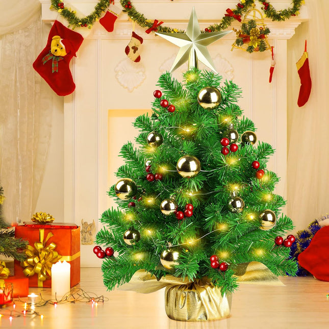 20" Mini Christmas Tree, Artificial Prelit Small Christmas Tree, Tabletop Christmas Tree Decorations with Warm Lights, Treetop Star, Gold Ornaments, Red Berries and Cloth Bag Base