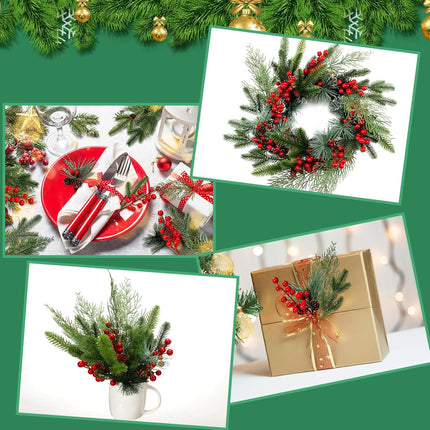200 Pcs Christmas Artificial Pine Needles Branches Garland Red Berries Stems Greenery Pine Picks with Pinecone Artificial Pine Picks with Red Berries and Natural Pinecones for DIY Wreath