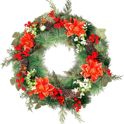 QBA 20 Inch Christmas Wreath for Front Door, Handmade Artificial Wreath with Red Poinsettias Pine Cones Berry Pine Needles for Fireplace Windows Staircase Wall Indoor Outdoor Xmas Decor