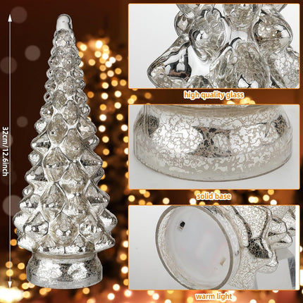 2 Pcs 12.6 Inch Lighted Glass Christmas Tree Figurine Battery Operated Glass Christmas Tree Silver Glass Lighted Christmas Tree Glass Tabletop Xmas Tree Decoration for Fireplace Mantel